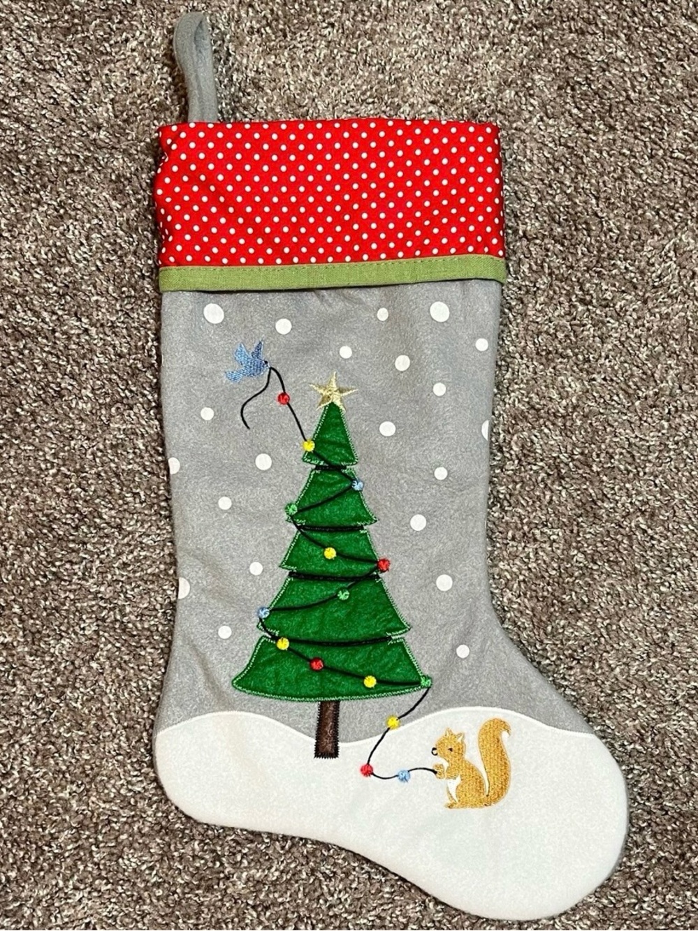 Cute Felt Squirrel Holiday Tree Colorful Polka Dot Christmas Stocking Large 20”